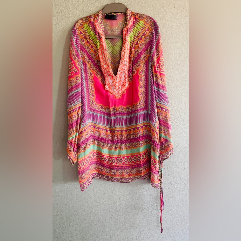 Hale Bob Sabrina silk georgette tunic Pink, orange, purple, green XS